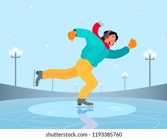 Smiling man in a down jacket, scarf and headphones skating. Winter entertainment, sport, activity. Vector funny flat style illustration with a skating rink background.