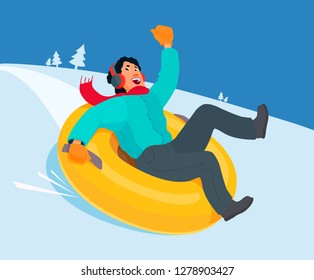 Smiling man in a down jacket, scarf, headphones going down a hill on an inflatable snow tube. Winter entertainment, sport, activity. Vector funny flat style illustration with a snow slide background.