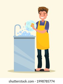 Smiling man dressed an apron is washing dish. Vector illustration of a flat design