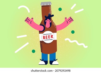 Un hombre sonriente vestido con una botella de cerveza recomienda un producto de buena calidad. Un tipo feliz disfrazado de bebida anuncia bebida alcohólica. Publicidad y concepto de venta al por menor. Ilustración vectorial plana. 