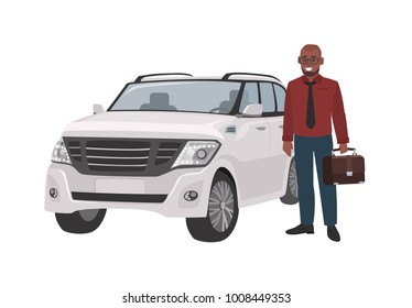 Smiling man dressed in business clothes and holding briefcase standing beside luxury car. Successful businessman and his automobile. Male flat cartoon character. Colorful vector illustration.