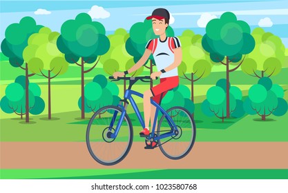 Smiling man dressed in cycling clothing and cap riding blue bicycle with lush trees, bushes and blue sky behind him vector illustration