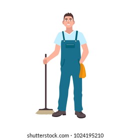 Smiling man dressed in dungarees holding scrubber isolated on white background. Male cleaning service worker with floor brush. Janitor, cleaner or sweeper. Flat cartoon colorful vector illustration.