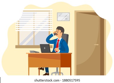 Smiling man dressed formally talking on the phone. Businessman working at the computer sitting at a table in office space. Manager doing work on the laptop. Serious man communicates and takes notes