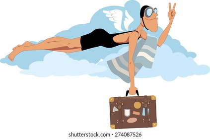 Smiling man, dressed in an old-fashioned swimsuit and goggles, flying in the sky, carrying a suitcase with travel destination labels vector illustration, no transparencies, EPS 8