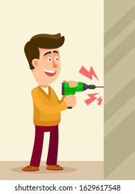 Smiling man drills a wall, makes repairs at home. Do it yourself repair. Business vector illustration, flat design cartoon style.