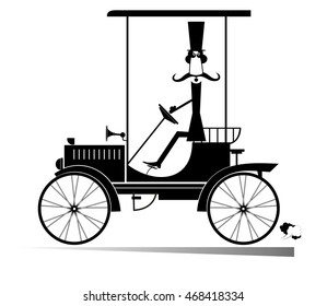 Smiling man drives a retro car 
