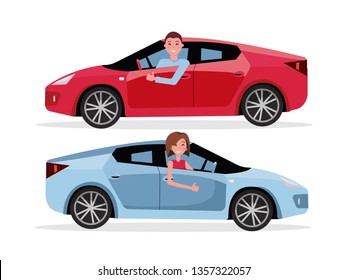 Smiling man driving his car, looking out side window, showing thumb up gesture. Cheerful driver behind the wheel of a car. Brown-haired woman driving a car. Vector flat cartoon isolated illustration