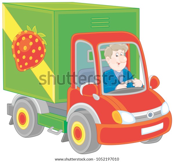 Smiling\
man driving his truck with vegetables and\
fruit