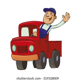 Smiling Man Driving An Old Pickup Truck, Vector Illustration