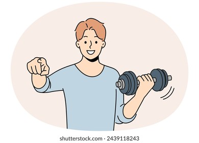 Smiling man with dumbbell in hands point at screen motivated viewer to workout. Happy sportsman exercise with equipment. Sport and training. Vector illustration.