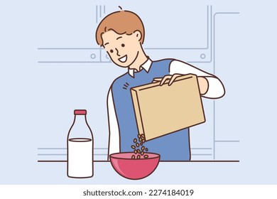 Smiling man eat cereal with milk at home. Happy guy prepare healthy granola for breakfast. Diet and nutrition. Vector illustration. 