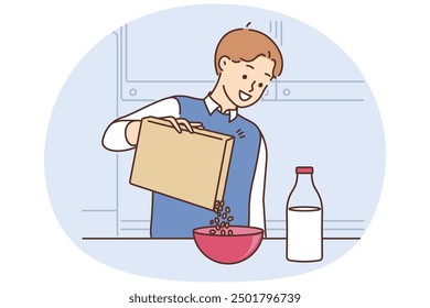 Smiling man eat cereal with milk at home. Happy guy prepare healthy granola for breakfast. Diet and nutrition. Vector illustration.