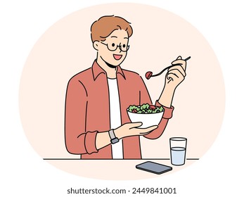 Smiling man eat vegetable salad drink clear water. Happy male follow healthy diet care about nutrition. Vector illustration.