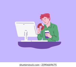Lächeln Mann essen und trinken Kaffee am Arbeitsplatz mit Monitor flach, Vektorgrafik einzeln auf violettem Hintergrund. Dekoratives Design, Snack, Küche