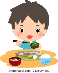 A smiling man eating Japanese food such as grilled fish
