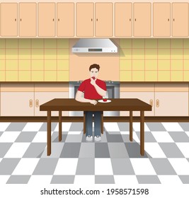 Smiling man eating in Kitchen stay at home, healthy lifestyle	