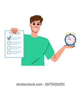 Homem sorridente gerenciando eficientemente seu tempo, segurando uma lista de tarefas concluídas e um despertador, simbolizando produtividade, organização e pontualidade