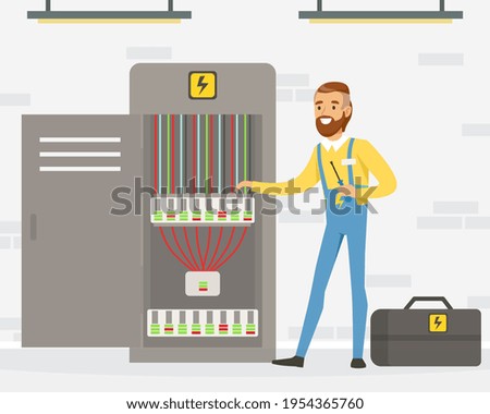 Smiling Man Electrician in Overall Standing Near Switchboard Engaged in Maintenance and Repair of Electrical Wiring Vector Illustration