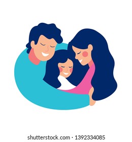 A smiling man embraces his family with love and care. Mother and daughter in father's arms. Vector illustration isolated of white background