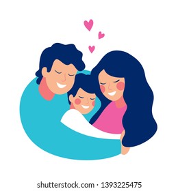 A smiling man embraces his family with love and care. Mother and son in father's arms. Vector illustration isolated of white background