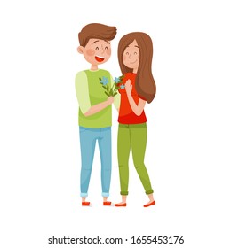 Smiling Man Embracing Woman and Giving Her a Bunch of Flowers Vector Illustration