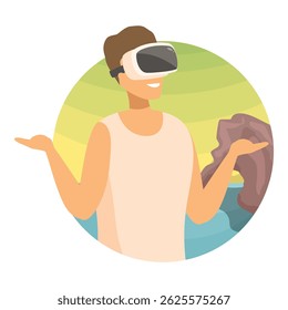 Smiling man experiencing virtual reality using vr headset, interacting with a virtual coastal landscape