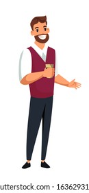 Smiling man in eyeglasses drinking takeaway coffee. Office worker, executive manager, designer, programmer cartoon male character standing isolated on white. Work break. Vector illustration