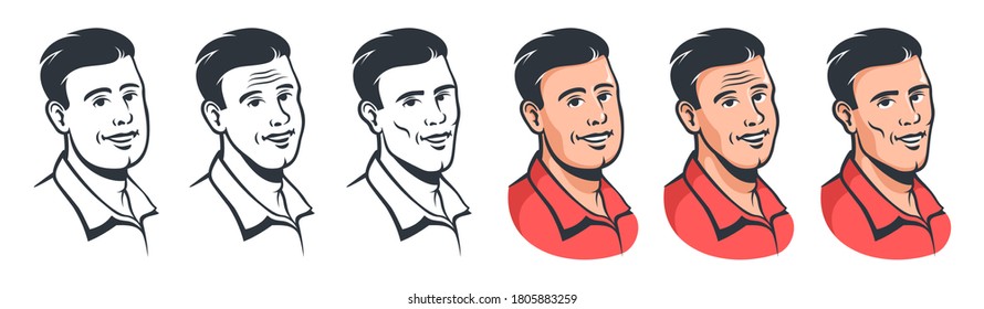 Cara de Hombre sonriente ambientada en estilo vintage. Cabeza masculina con elegante avatar retro peinado. Ilustración vectorial de dibujos animados.