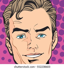 A smiling man face. Smiling man. Speaking man. Attractive manager speaking. Speaking manager. Concept idea of advertisement and promo. Halftone background.