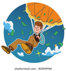 Smiling man fall in circle on a golden parachute. Divided into layers
