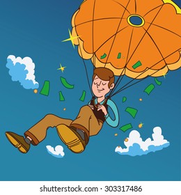 Smiling man fall on a golden parachute. Divided into layers