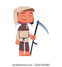 Smiling Man Farmer and Peasant Standing with Scythe as Character from Middle Ages Vector Illustration