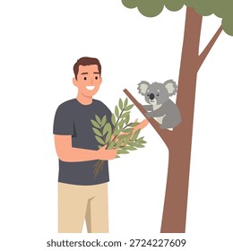 Homem sorridente alimentando folhas de eucalipto para um coala sentado em um galho de árvore. Ilustração de vetor plano isolada no plano de fundo branco