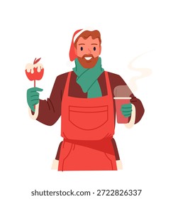 Smiling man in festive apron holding candy apple and hot beverage at winter fair vector illustration