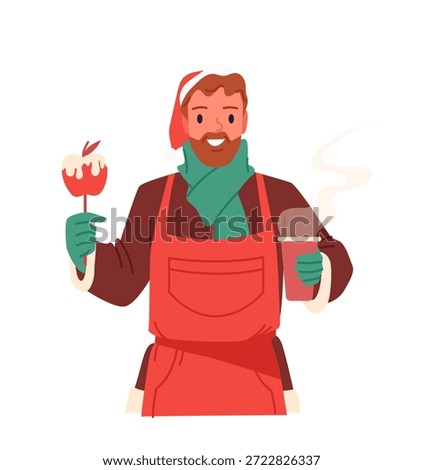 Smiling man in festive apron holding candy apple and hot beverage at winter fair vector illustration