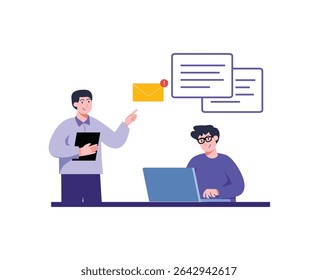 Smiling man with file explains notification email to a colleague using laptop in a modern office setting, creating a cheerful atmosphere suitable for business or education materials.