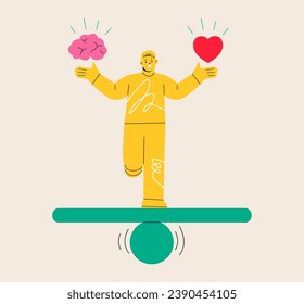 Smiling man find balance between heart and brain. Rational reasonable and emotional choice. Colorful vector illustration
