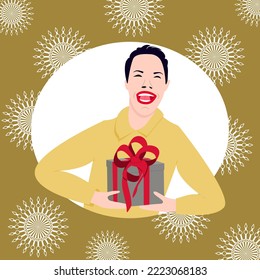 smiling man in flat style rejoices at a gift or hands it over