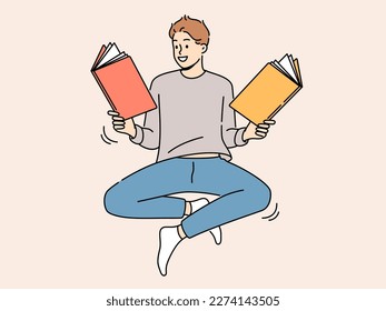 Smiling man floating in air reading books. Happy male reader enjoy literature. Bookworm and hobby concept. Vector illustration. 