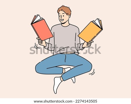 Smiling man floating in air reading books. Happy male reader enjoy literature. Bookworm and hobby concept. Vector illustration. 