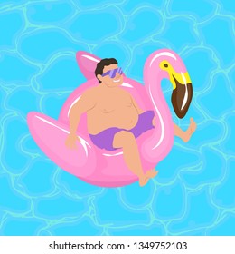 Smiling man floating on flamingo inflatable ring in a pool or sea water. Big guy on vacation enjoying pool party - vector character on blue water background, illustration in EPS 10 format