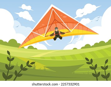 Smiling man flying on hang-glider. Sportsman on hang gliding competitions. Man gliding on delta-plane in the sky. Vector illustration