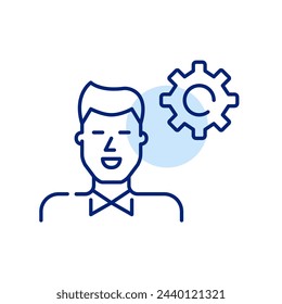 Smiling man in formal attire and cogwheel. Personal efficiency and professional development. Pixel perfect vector icon