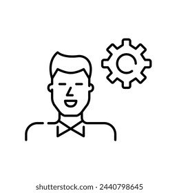 Smiling man in formal attire and cogwheel. Personal efficiency and professional development. Pixel perfect icon