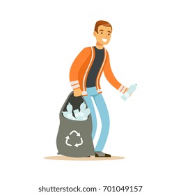 Smiling man gathering garbage and plastic bottles, waste recycling and utilization concept vector Illustration