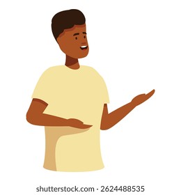 Smiling man gesturing with hands and speaking, promoting something