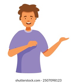 Smiling man is gesturing with one hand on his chest and the other hand extended as if he is presenting something