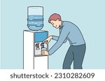 Smiling man get water in cooler in office. Male pour clean still aqua from dispenser at workplace. Vector illustration. 