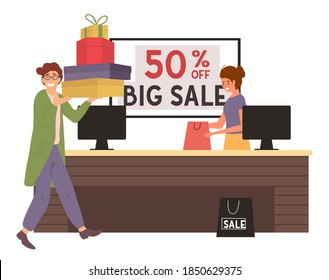 Hombre sonriente con cajas de regalo en sus manos. Joven y guapo vendedor de moda va al cheque para pagar la compra. Personajes masculinos comprando regalos de navidad para sus vacaciones. El cajero sirve al cliente